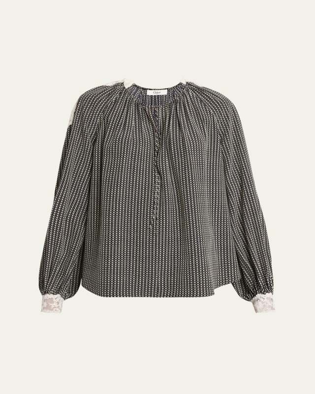Micro Check Silk Long-Sleeve Blouse